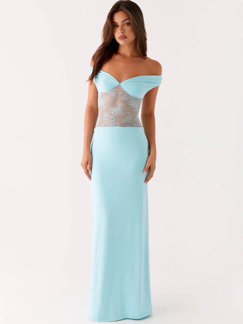 Peppermayo Off-Shoulder Lace Insert Maxi Dress in Light Blue